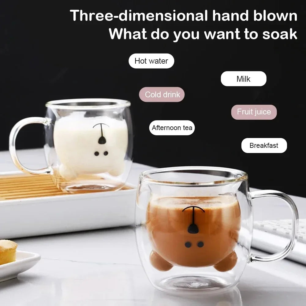 Cute Bear Double-layer Coffee Mug Double Glass Cup with Handle Insulated Espresso christmas Beer Cup High Borosilicate Glass Mug