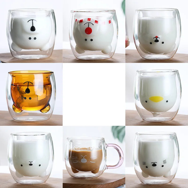 Cute Bear Double-layer Coffee Mug Double Glass Cup with Handle Insulated Espresso christmas Beer Cup High Borosilicate Glass Mug