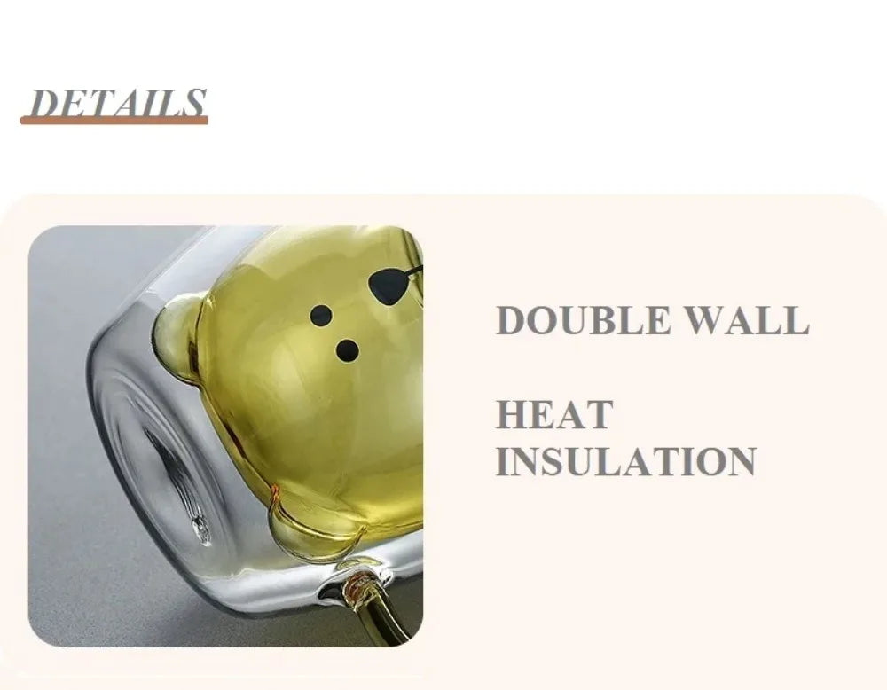 Cute Bear Double-layer Coffee Mug Double Glass Cup with Handle Insulated Espresso christmas Beer Cup High Borosilicate Glass Mug