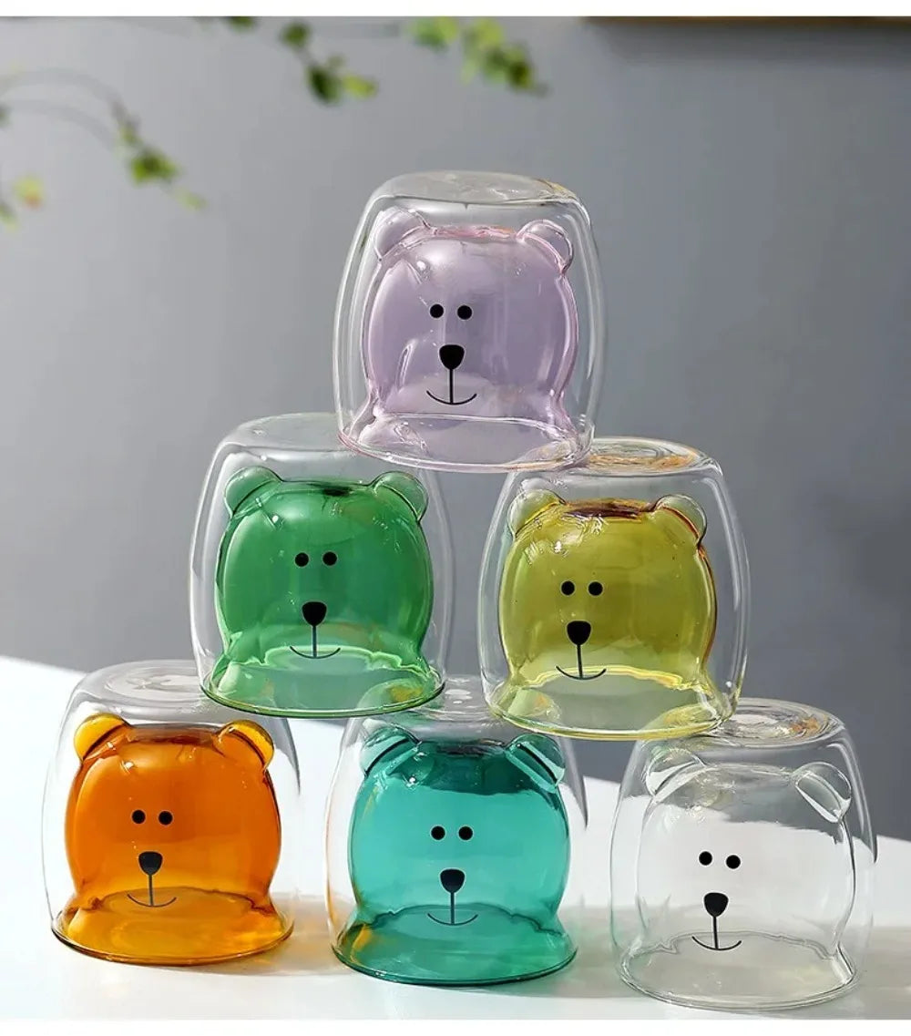 Cute Bear Double-layer Coffee Mug Double Glass Cup with Handle Insulated Espresso christmas Beer Cup High Borosilicate Glass Mug