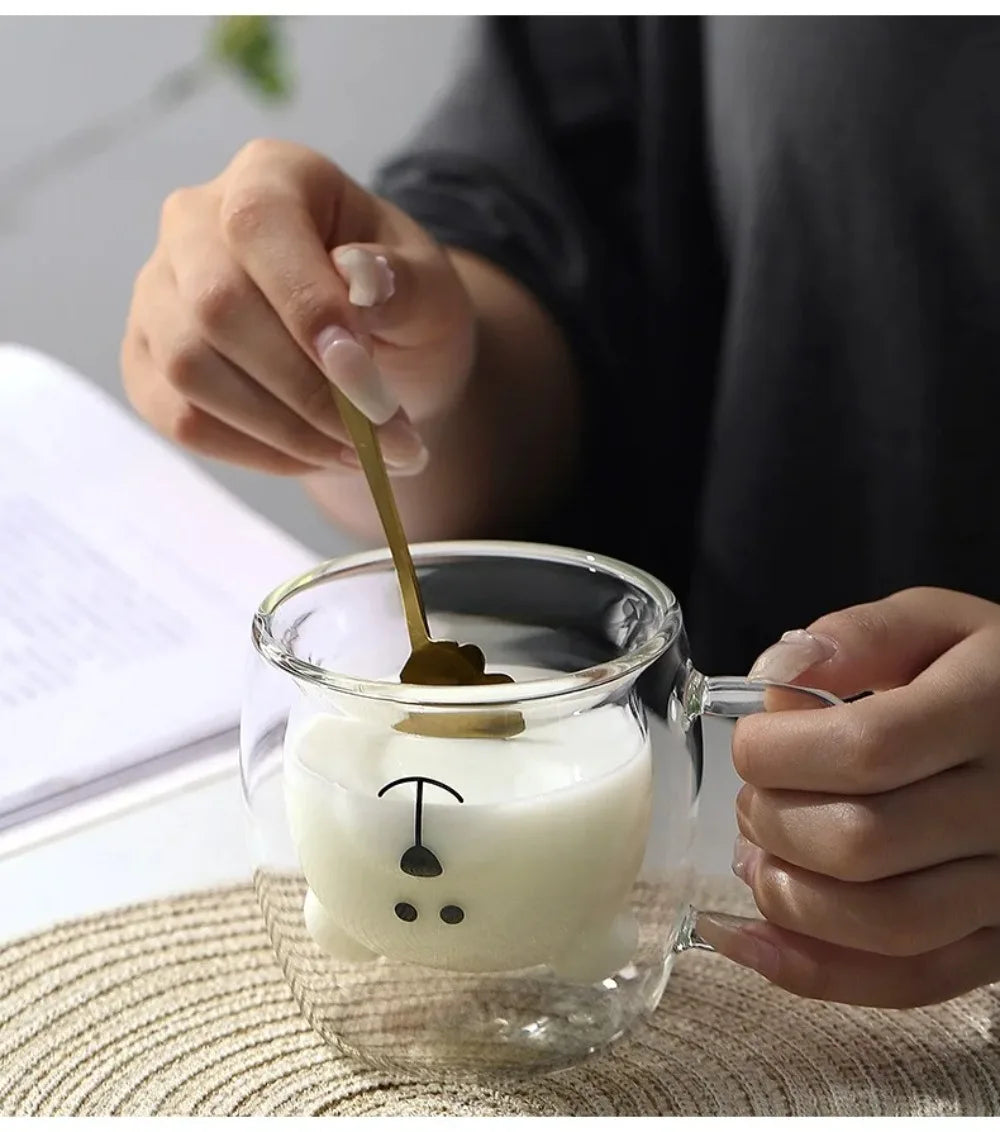 Cute Bear Double-layer Coffee Mug Double Glass Cup with Handle Insulated Espresso christmas Beer Cup High Borosilicate Glass Mug