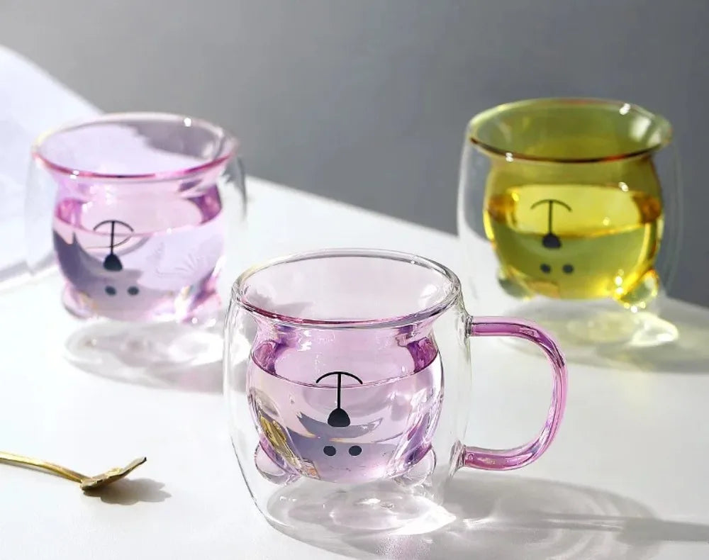Cute Bear Double-layer Coffee Mug Double Glass Cup with Handle Insulated Espresso christmas Beer Cup High Borosilicate Glass Mug