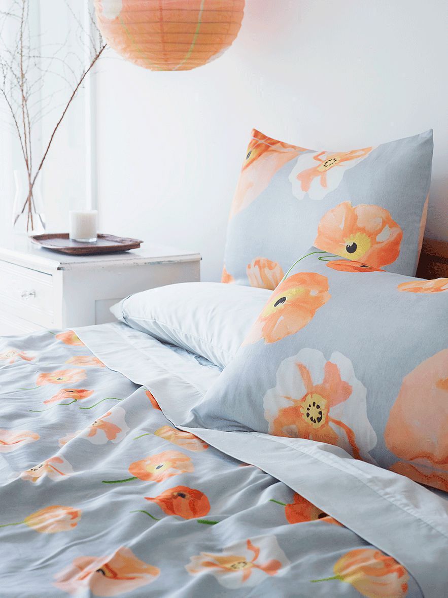 Duvet Cover: Peach Poppies on Grey